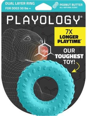 Playology Dual-Layer Ring Dog Toy - Aqua Blue (Peanut Butter Scent)